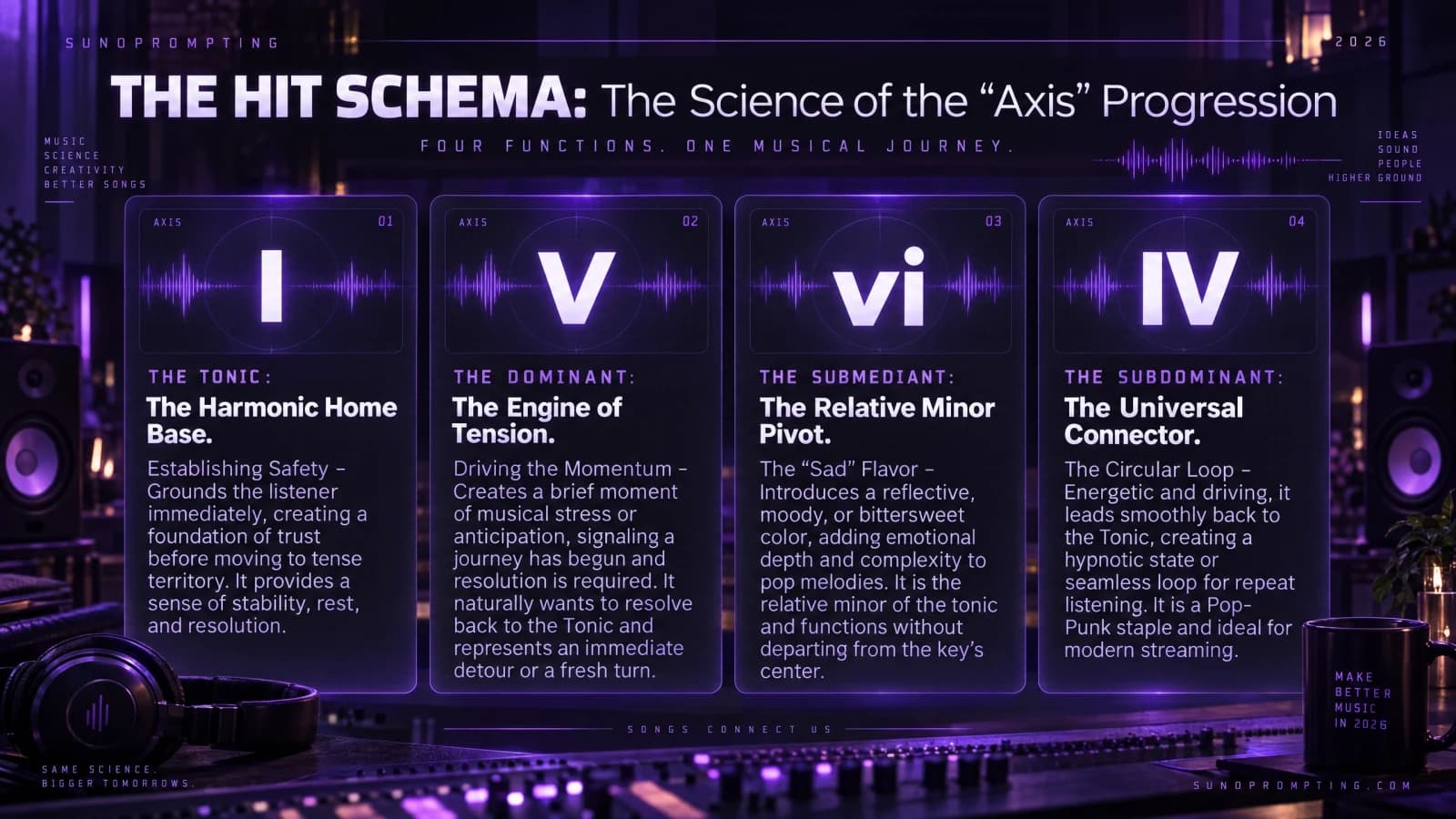 SunoPrompting songwriting reference graphic showing the I, V, vi, IV Axis progression and the role of each chord