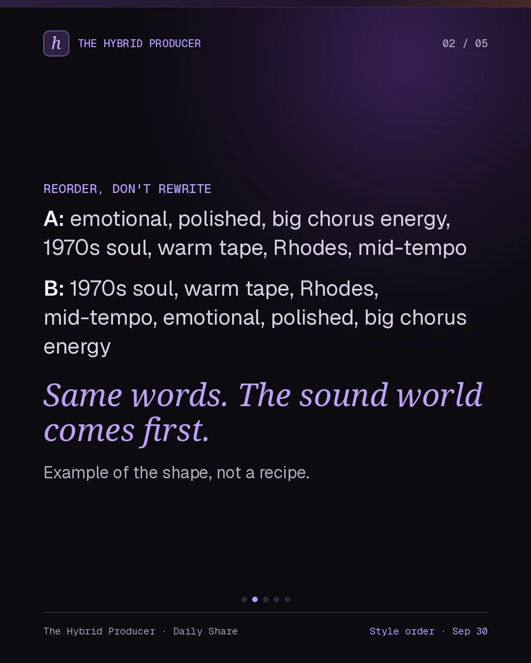 SunoPrompting style-order reference card comparing the same prompt words with the sound world moved to the front