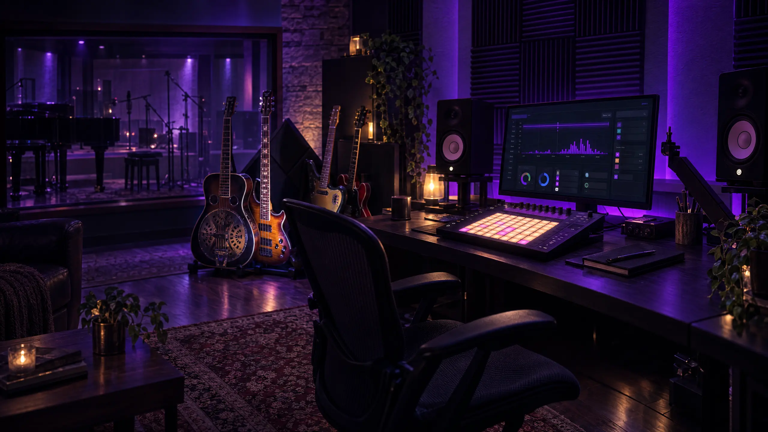 A dark music studio at night with guitars, a monitor, a lit pad controller, and violet light across the workspace
