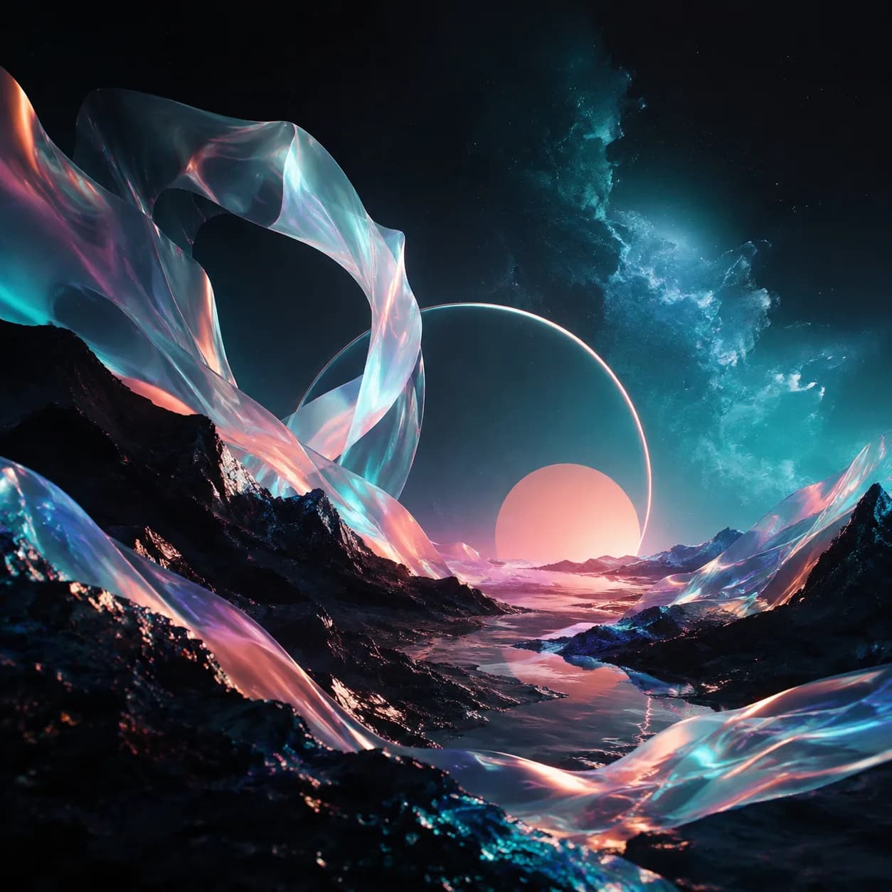 Iridescent shapes floating over an imaginary landscape
